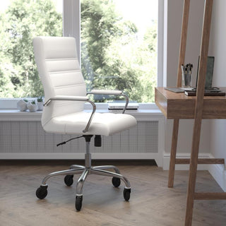 Whitney High Back Executive Swivel Office Chair with Black Frame & Arms, White Leathersoft/Chrome Frame
