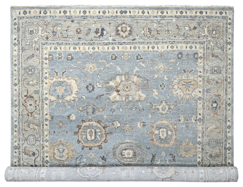 Silver Blue Wool Hand Knotted Oushak Design Oversized Oriental Rug 11'9"x14'10"