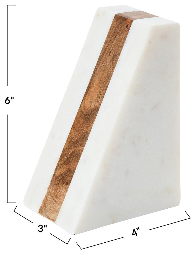 Marble Geometric Bookends with Wood Inlay, White