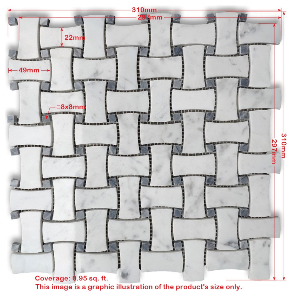 White Carrara Venato Marble DogBone Basketweave Mosaic Tile Honed, 1 sheet