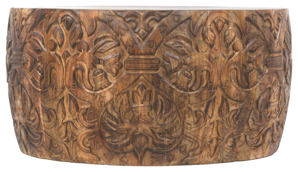 Rea 34" Coffee Table Mango Wood Round Drum Carved Damask Walnut Brown