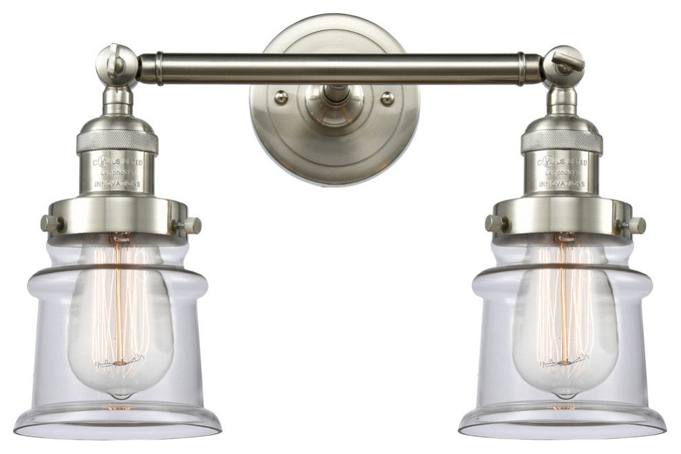 Small Canton 2-Light Bath Vanity-Light, Brushed Satin Nickel, Clear
