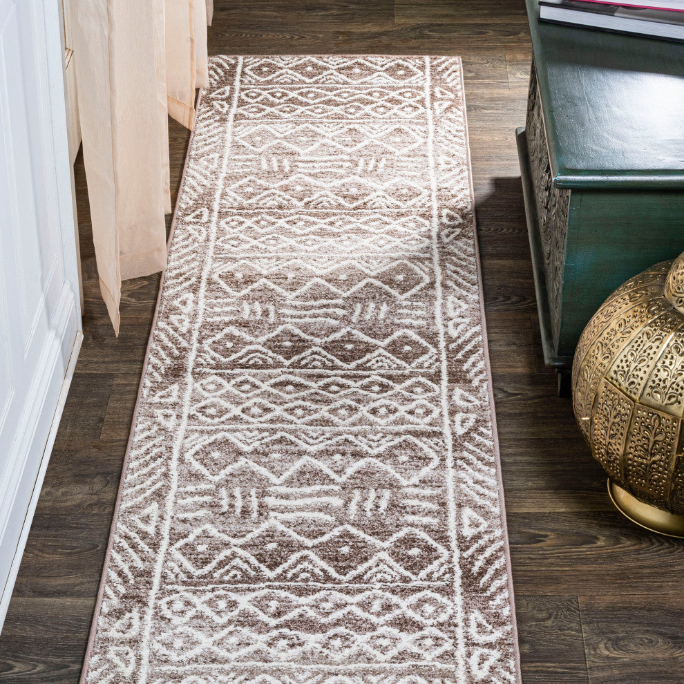 Amanar Tribal Geometric Brown/Ivory 2 ft. x 10 ft. Runner Rug