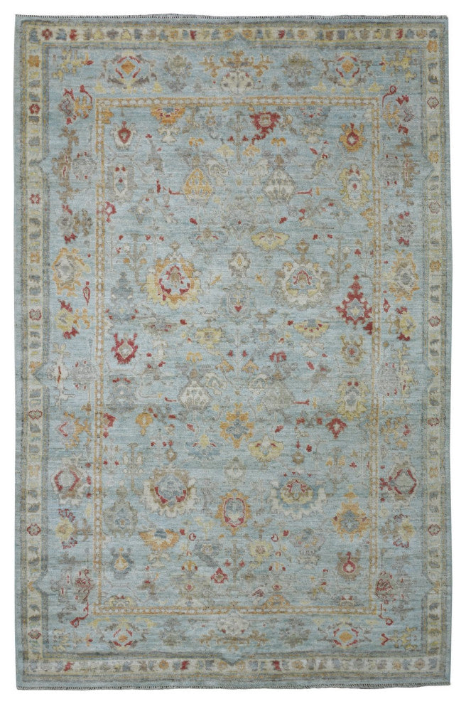 Light Blue Afghan Angora Oushak Hand Knotted Natural Wool Oriental Rug 6'2"x9'5"