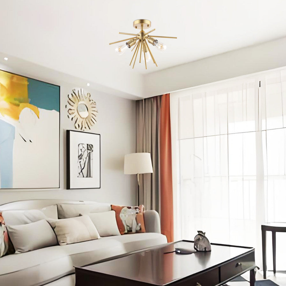 3-Light Sputnik Semi-Flush Mount Ceiling Light, Gold
