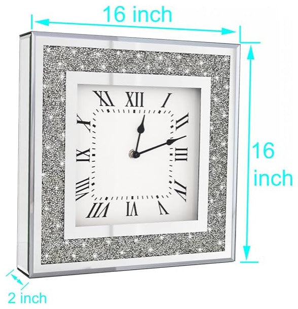 Crystal Crush Diamond Mirrored Square Wall Clock with Sparkle