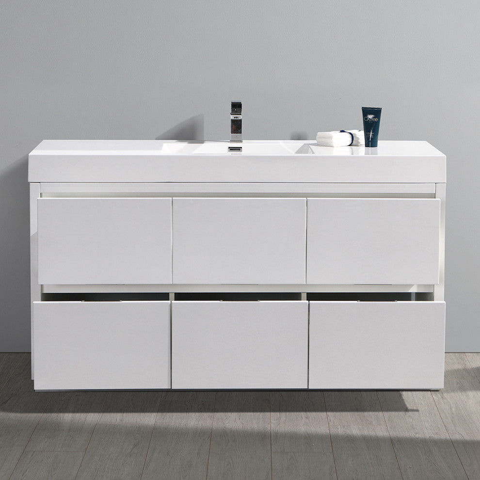 Valencia Free Standing Modern Bathroom Vanity, Glossy White, 60"