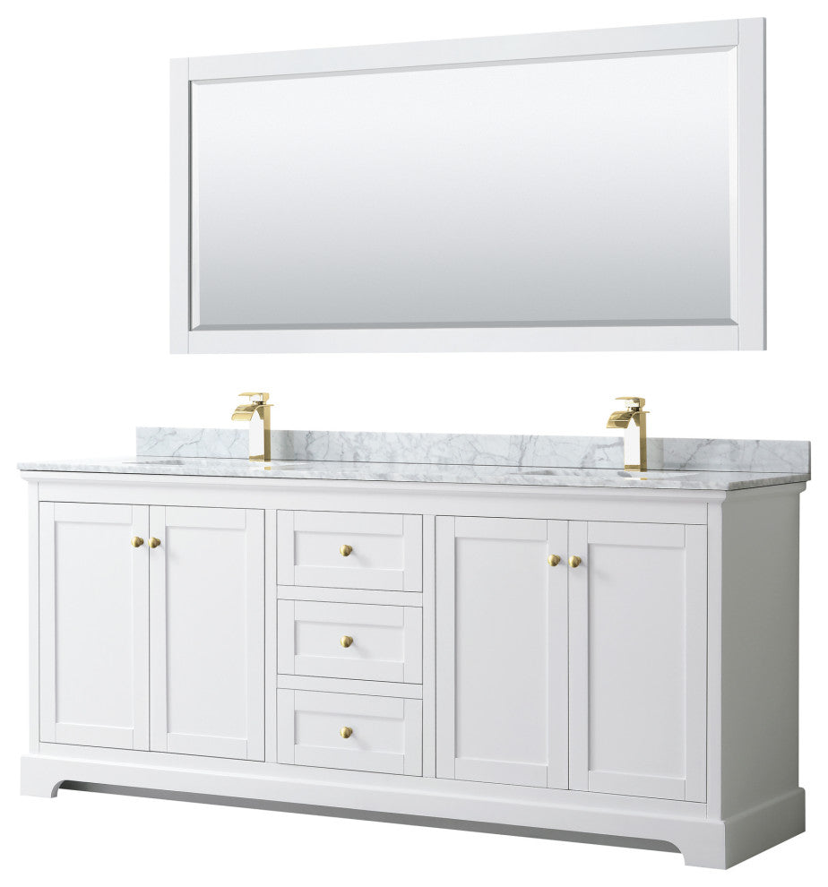 80"DBL Bath Vanity White, Carrara Countertop, Sinks, 70" Mirror, Gold Trim