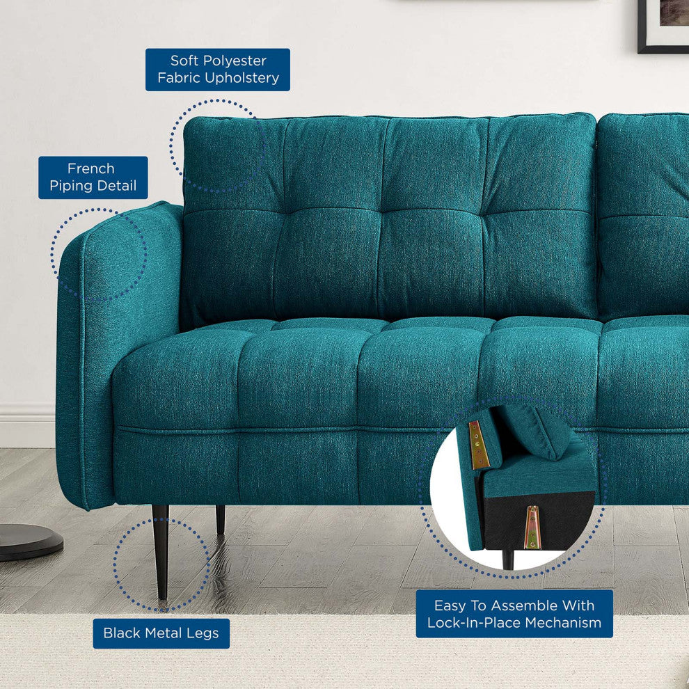 Tufted Sofa, Fabric, Teal Blue, Modern, Living Lounge Hotel Lobby Hospitality