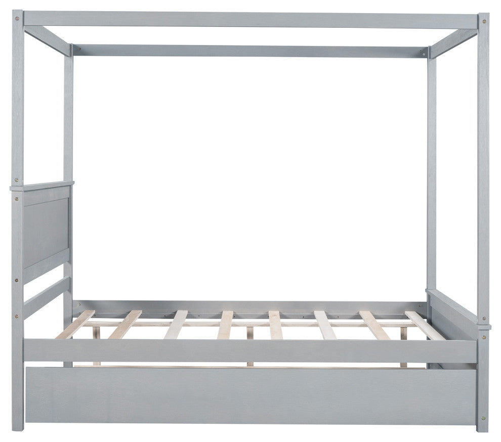 Full Wood Frame Canopy Platform bed with Trundle Bed, Grey, Full