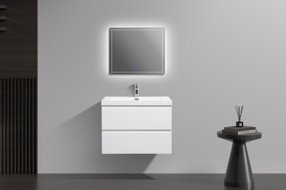 Aurora Wall Mount Vanity, White Acrylic Top, Glossy Polar White, 24"