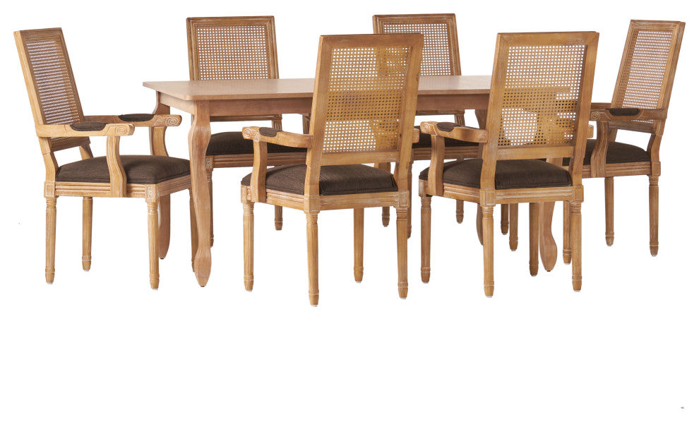 Regan Fabric Upholstered Wood and Cane Expandable 7-Piece Dining Set, Natural Brown/Brown