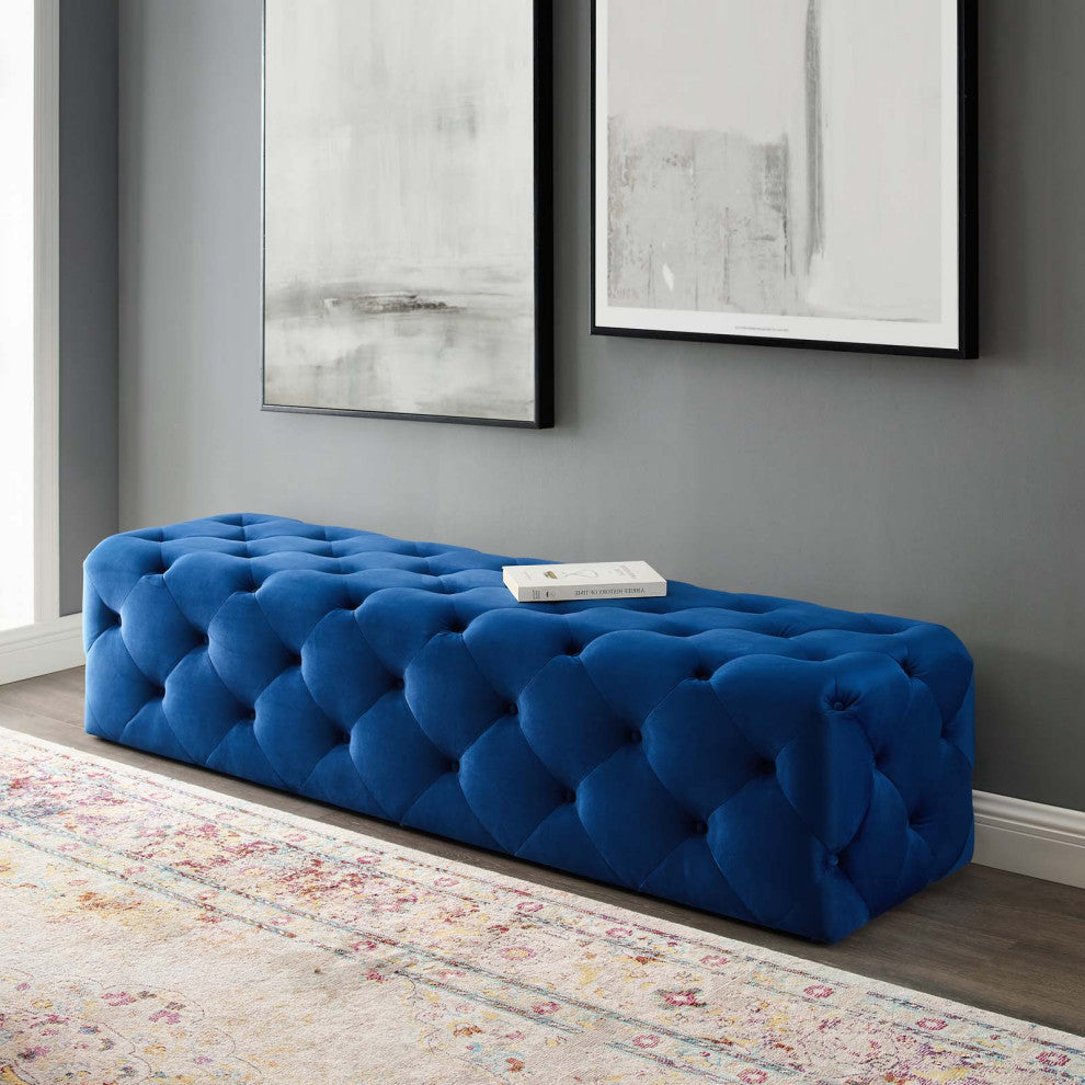Tufted Accent Chair Bench, Velvet, Blue Navy, Modern, Living Lounge Hospitality