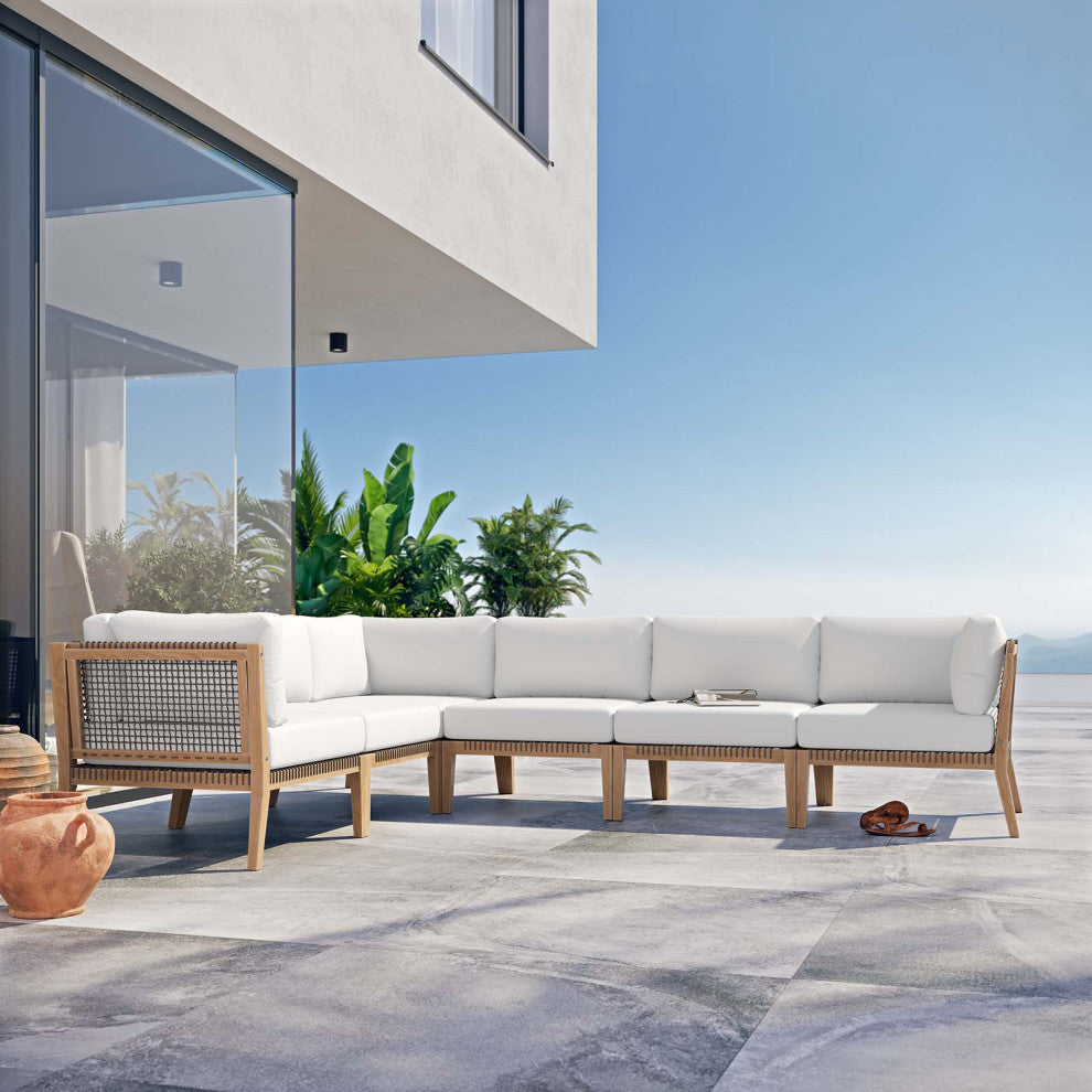 Clearwater Outdoor Patio Teak Wood 6-Piece Sectional Sofa, Gray White