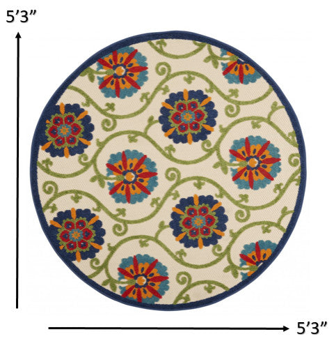5' Round Ivory And Blue Round Floral Indoor Outdoor Area Rug