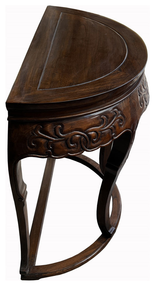 Vintage Chinese Brown Flower Carving Wood Half Round Pedestal Table Hcs7592