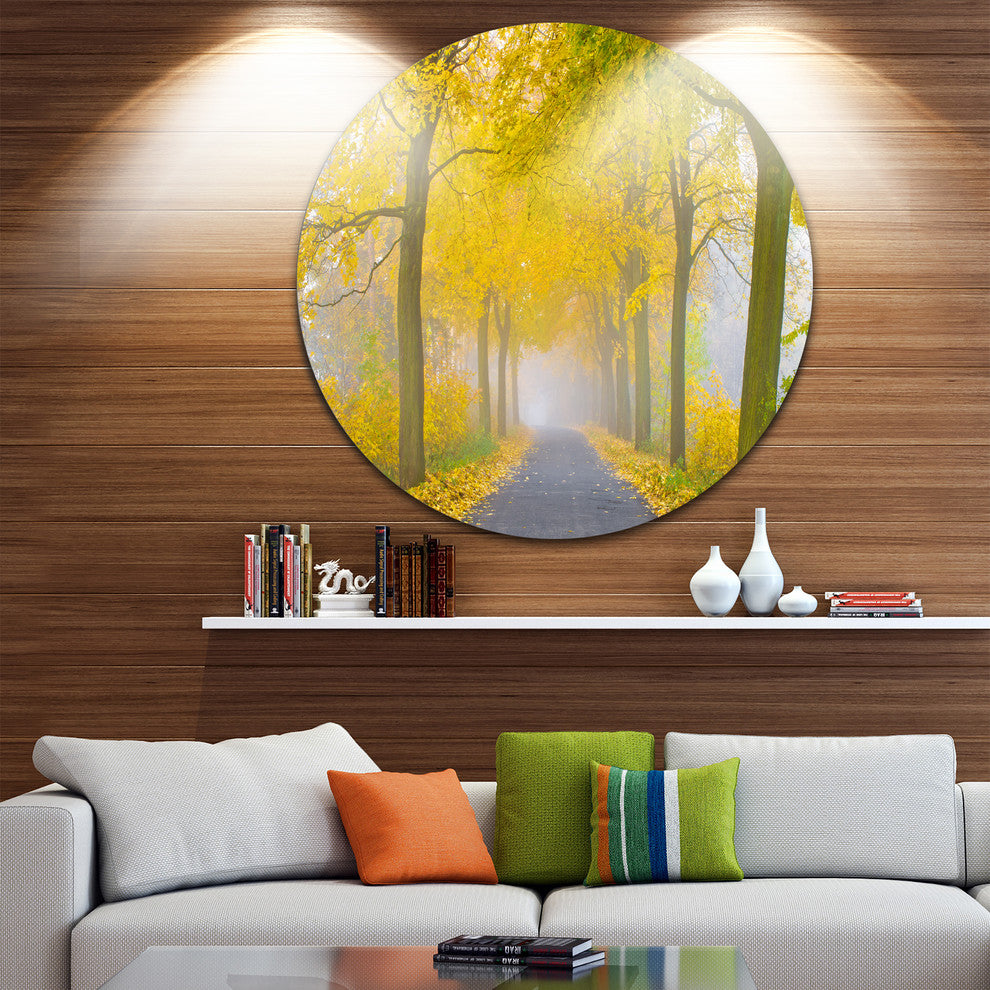 Misty Road In Yellow Autumn Forest, Landscape Disc Metal Artwork, 11"