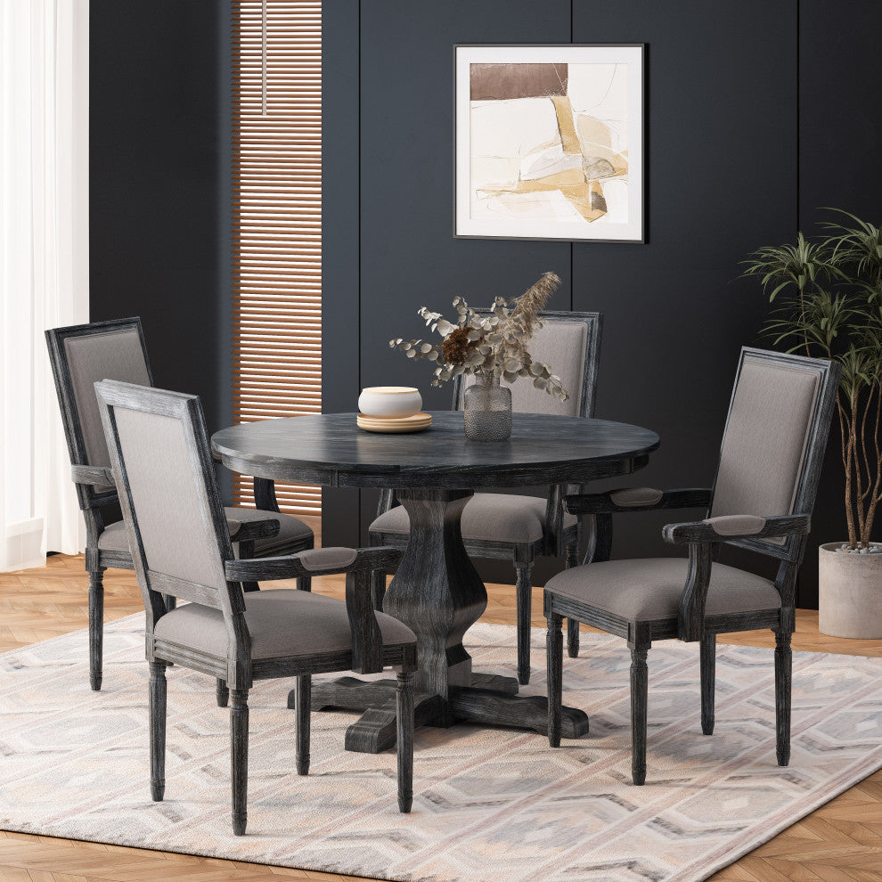 Joretta French Country Fabric Upholstered Wood 5-Piece Circular Dining Set, Gray
