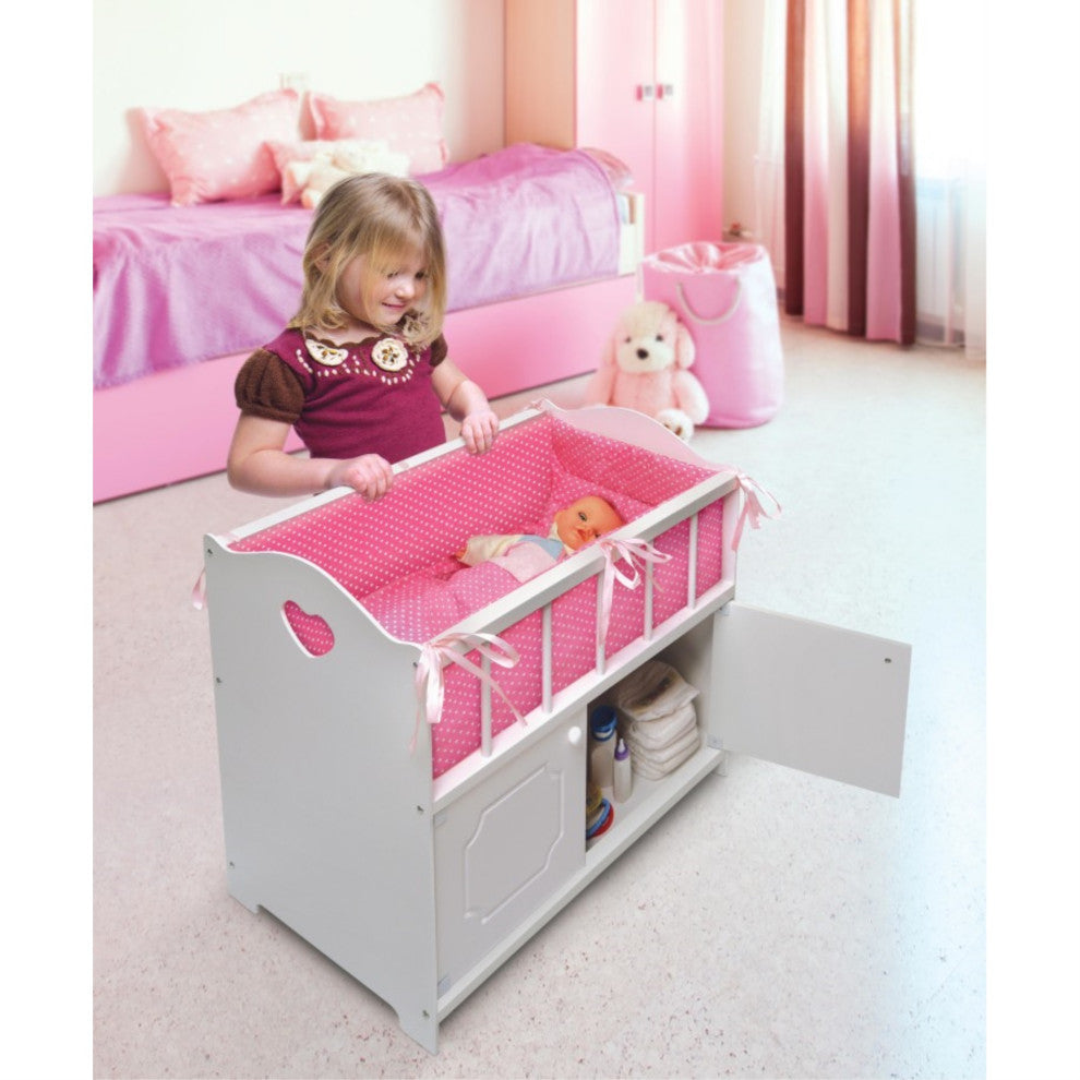 White Storage Doll Crib With Bedding