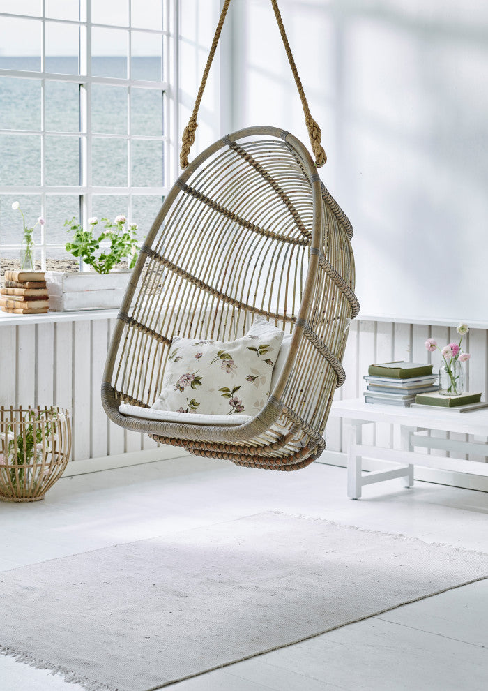 Renoir Rattan Hanging Swing Chair, Taupe Gray, Tempotest White Canvas Cushion