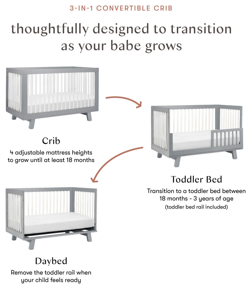 Hudson 3-in-1 Convertible Crib With Toddler Bed Conversion Kit, Grey White
