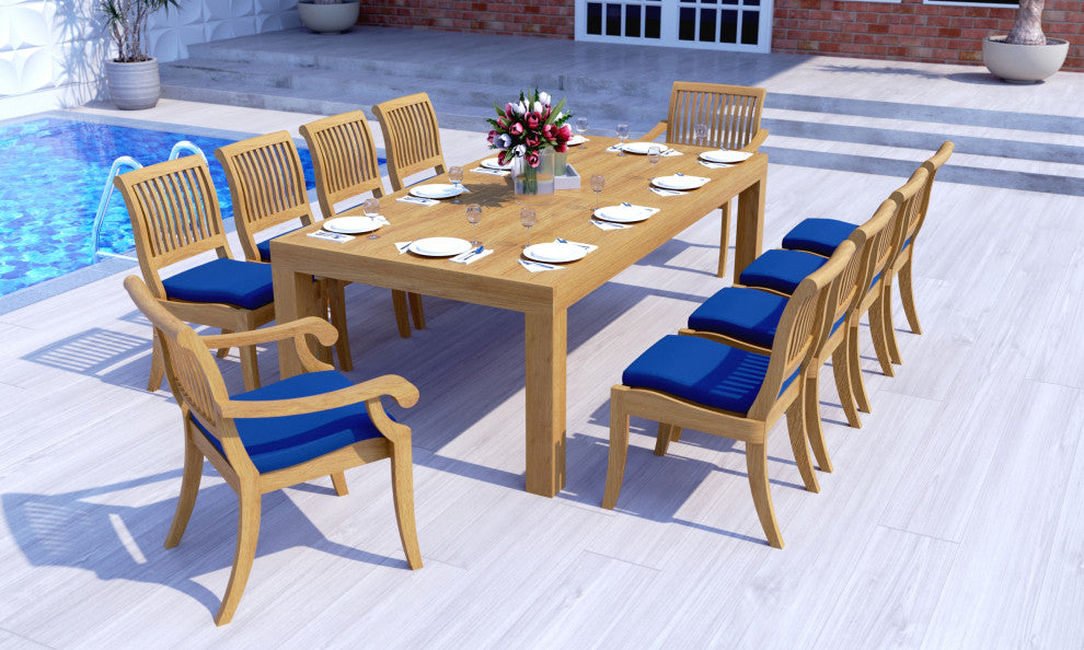 9-Piece Outdoor Teak Dining Set, 86" Rectangle Table, 8 Arbor Stacking Chairs