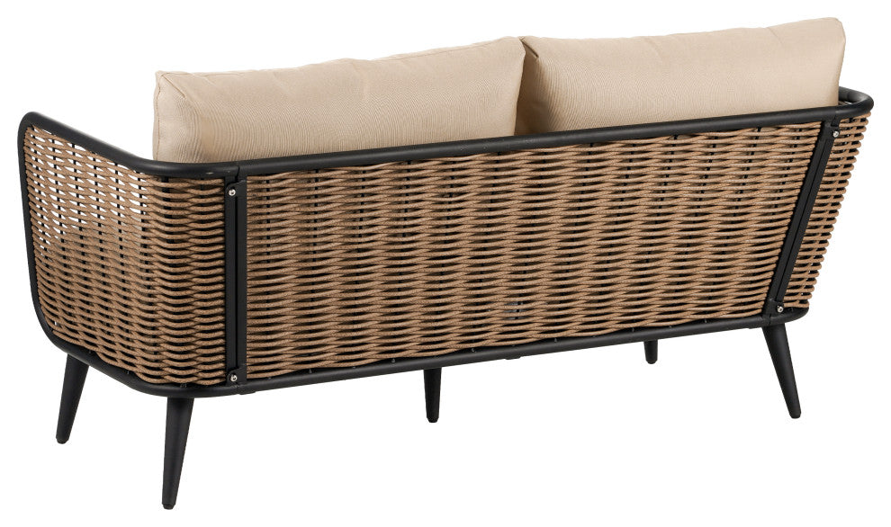 GDF Studio Outdoor Wicker Loveseat With Water-Resistant Cushions, Brown/Beige