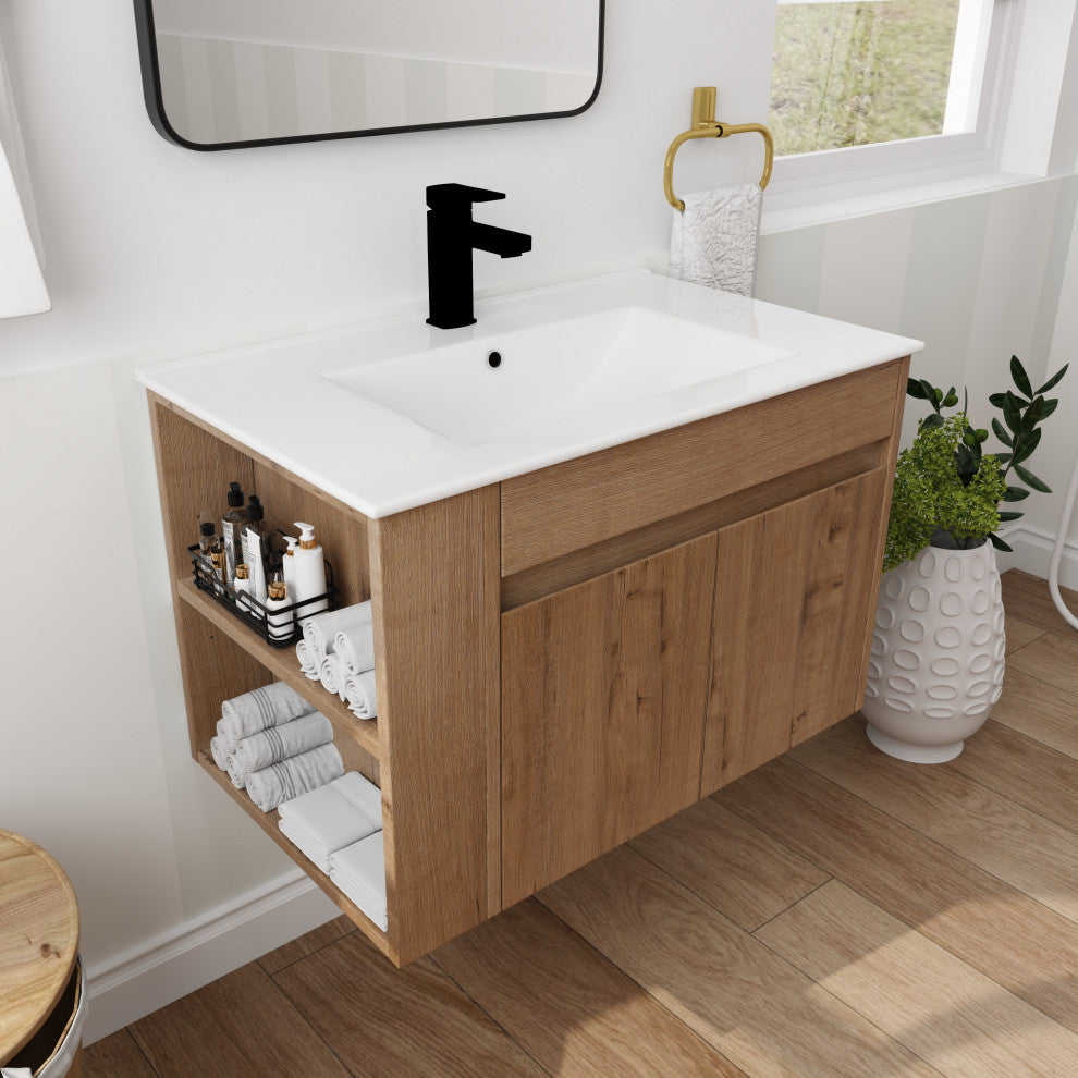 TATEUS Wall-mounted Bathroom Vanity With Ceramic Basin 30", Imitative Oak/White Ceramic