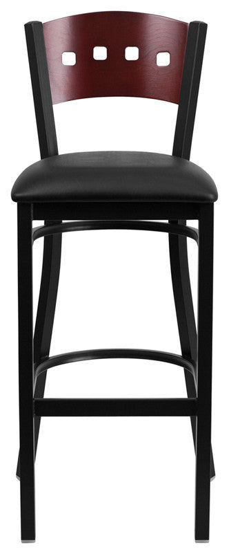 Black 4 Square Back Metal Barstool, Mahogany Wood Back, Black Vinyl Seat