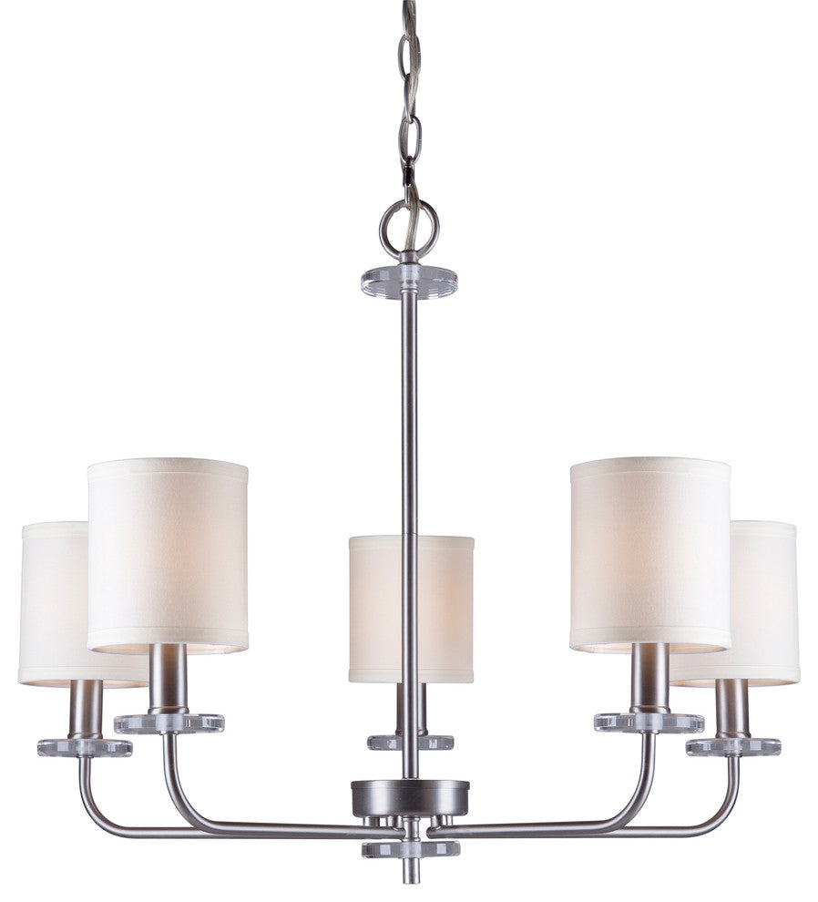 5 Light Chandelier, Brushed Nickel, Off White Linen Shade