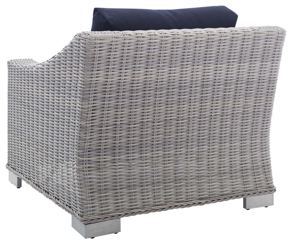 Lounge Chair and Ottoman, Sunbrella, Rattan, Gray Blue Navy, Outdoor