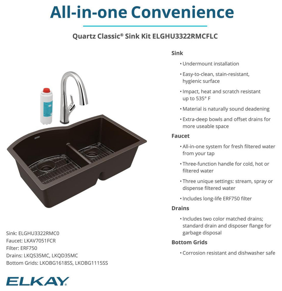Quartz Classic 33" Undermount Sink Kit With Filtered Faucet, Mocha