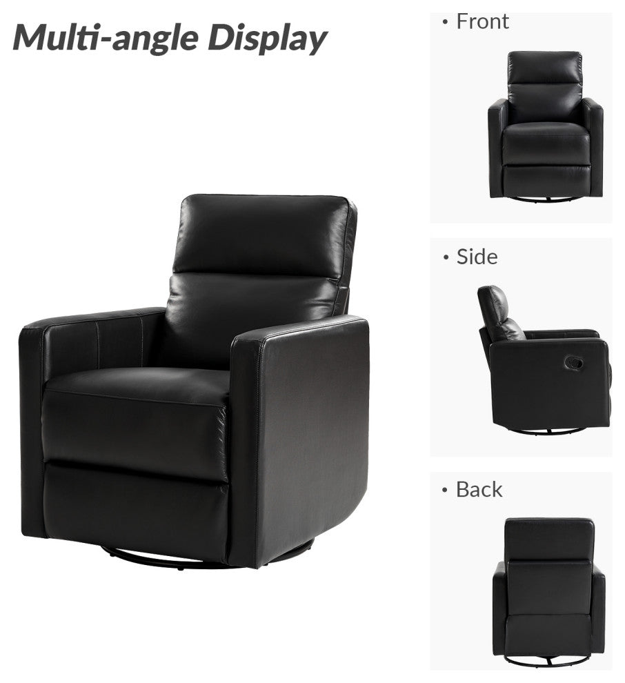Genuine Leather Swivel Rocker Recliner With Adjustable Headrest, Black