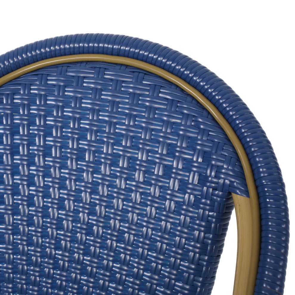 Cotterell Outdoor French Wicker and Aluminum 29.5" Barstools, Set of 4, Navy Blue/Bamboo Finish