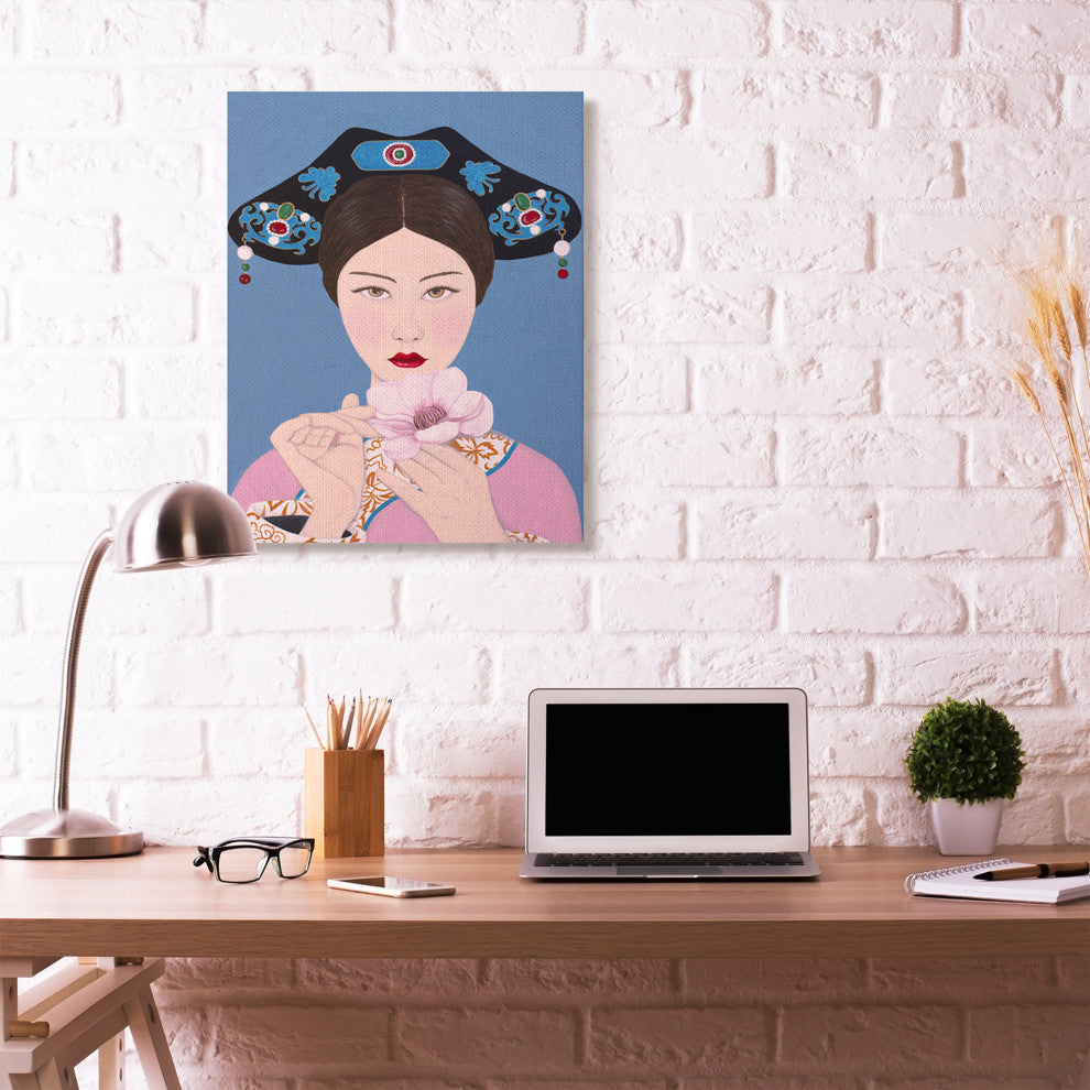 Chinese Woman And Flower Pink Blue Painting, 30"x40"