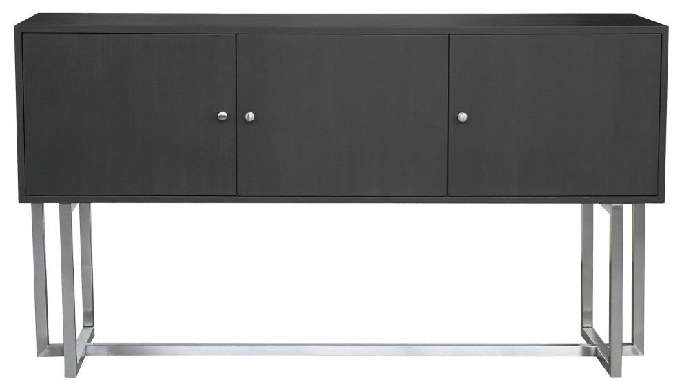Contemporary Sideboard, Brushed Stainless Steel Finished Metal Legs & 3 Cabinets