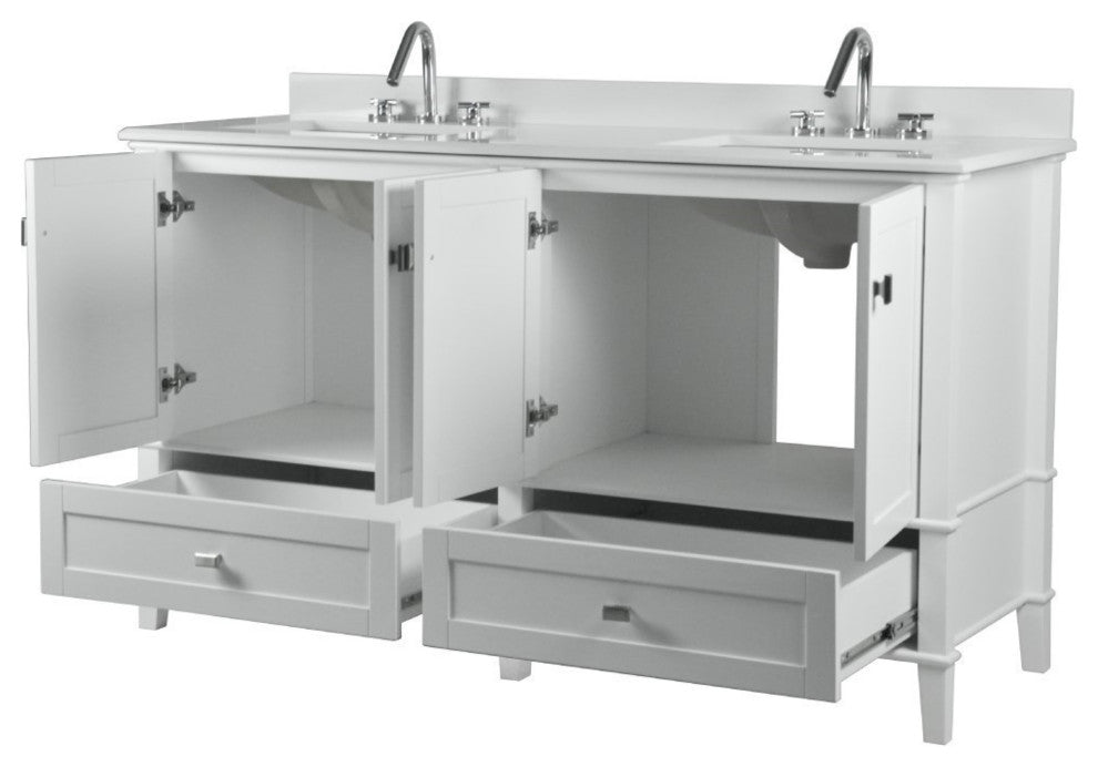 61" Double Vanity, White With Engineered Stone Top