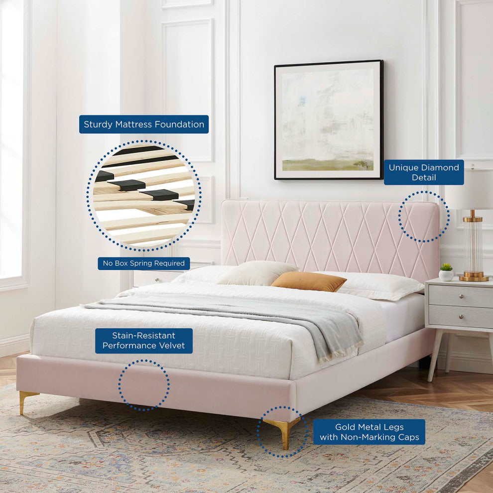 Platform Bed Frame, Queen Size, Velvet, Pink, Modern Contemporary, Bedroom
