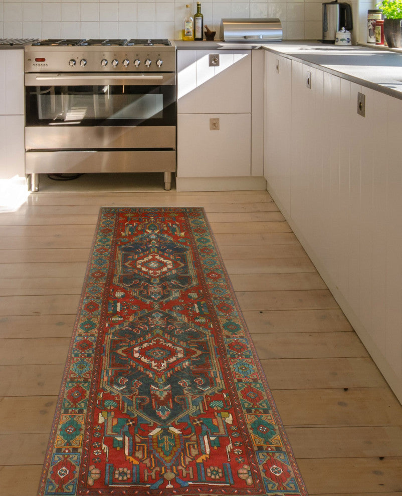 Fine Vintage Distressed Cyrus Red/Navy Runner, 3'9x14'9
