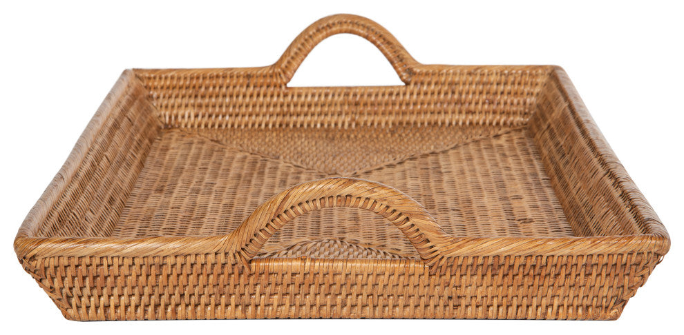 Rattan Decorative Serving Breakfast Tray, Ear Handles, Ottoman Tray, Honey-Brown