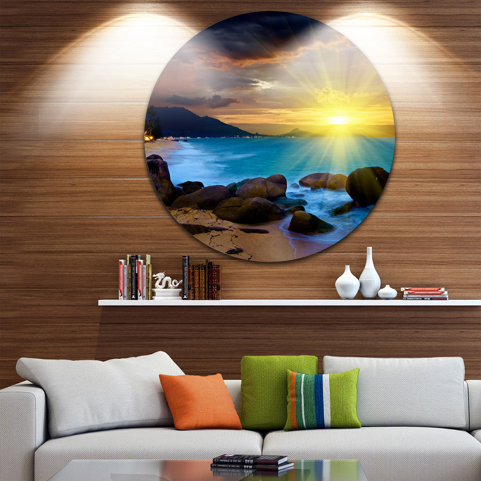 Bright Yellow Sun Over Blue Waters, Beach Disc Metal Wall Art, 11"