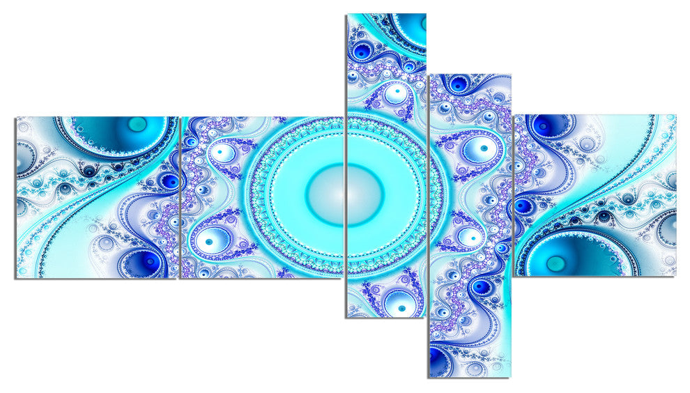 Turquoise Wavy Curves and Circles, Abstract Canvas Art Print, 60"x32", 5 panels