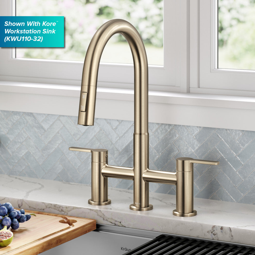 KRAUS Oletto 2-Function Pulldown 3-Hole Bridge Kitchen Faucet, Spot Free ACB