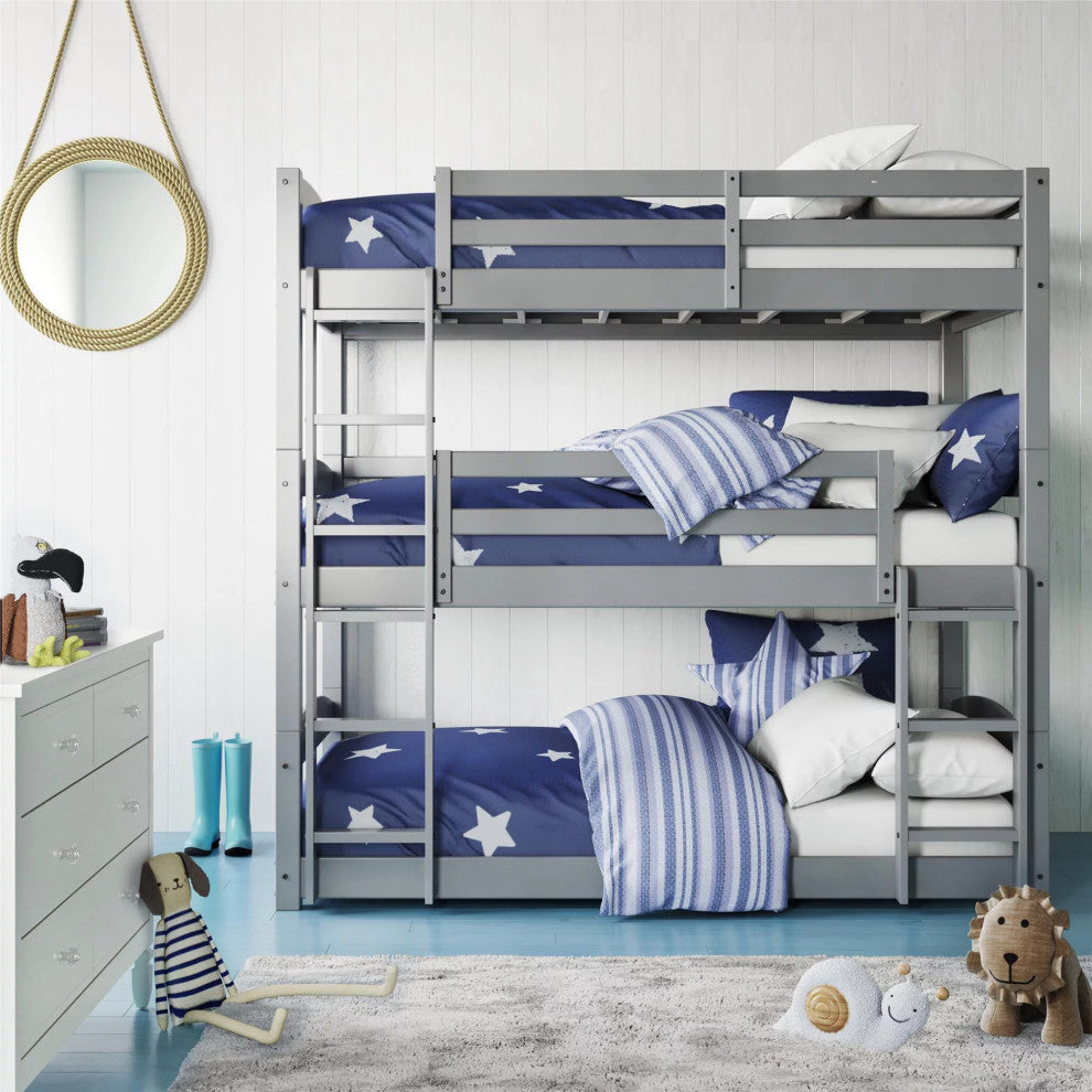 Transitional Triple Floor Bunk Bed, Safety Guardrails & Integrated Ladder, Gray