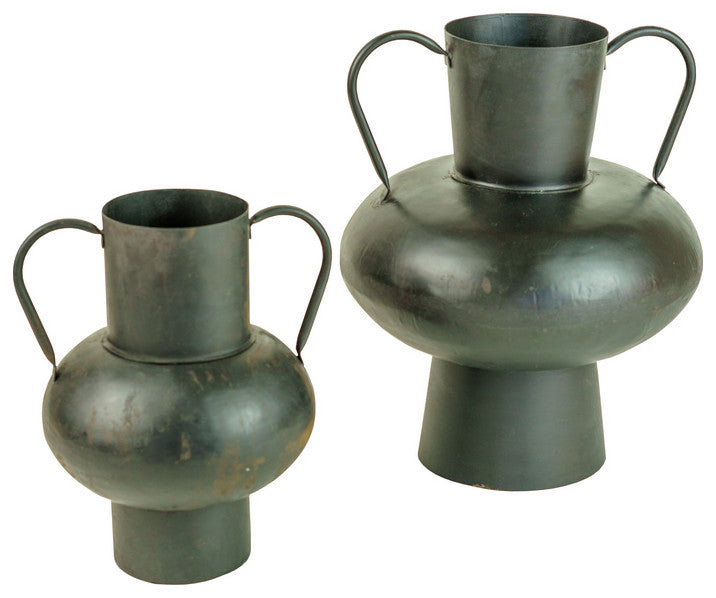 Set of Two Metal Urns with Handles - Waxed Black