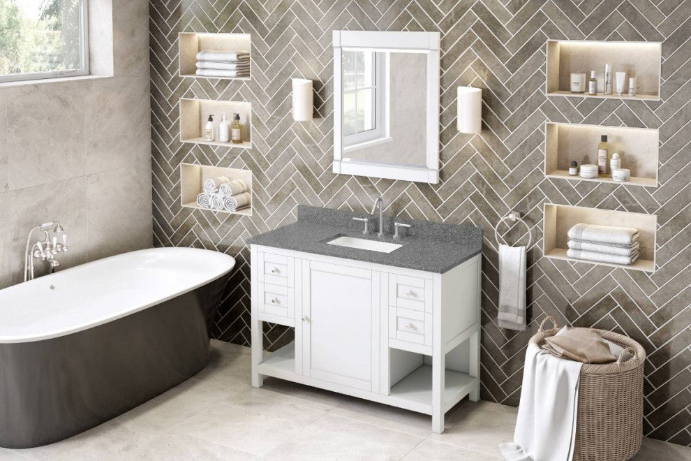 Astoria Transitional 48" White Vanity, Boulder Cultured Marble Vanity Top