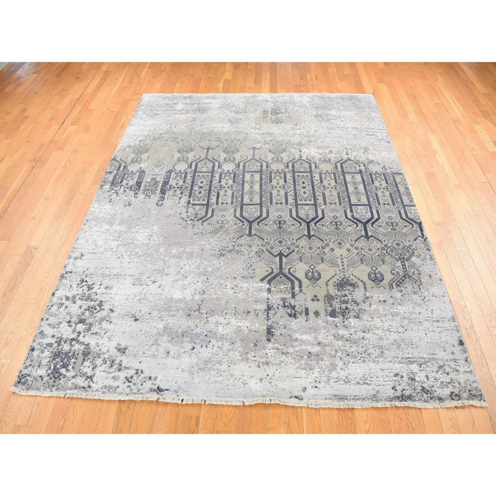 Gray, Broken and Erased Design, Art Wool and Silk Hand Knotted Rug, 8'x9'10"