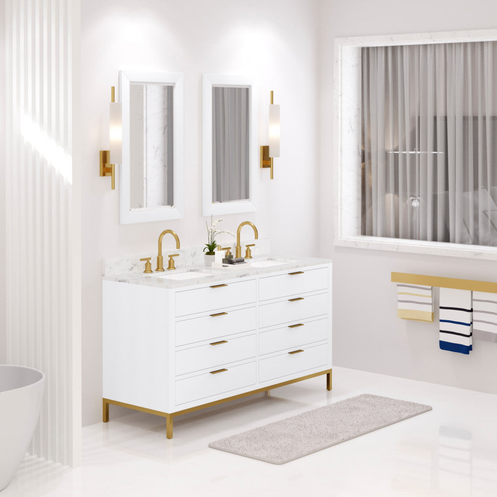 Bristol 60" Marble Countertop Vanity, White With Gooseneck Faucet