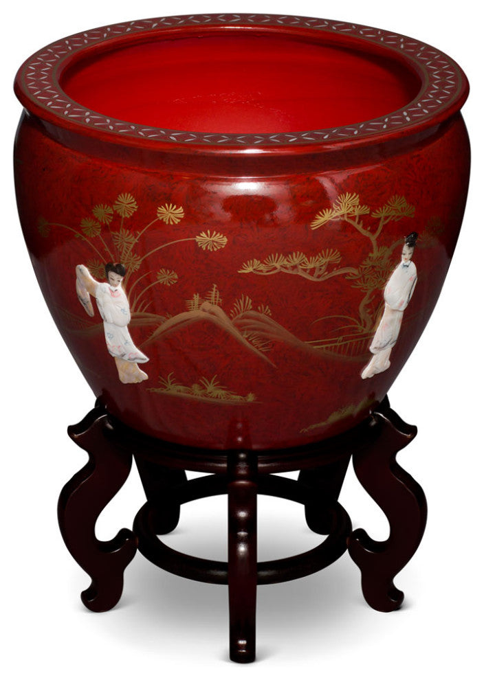 17 Inch Red Mother of Pearl Figurine Chinese Fishbowl Planter, With Stand
