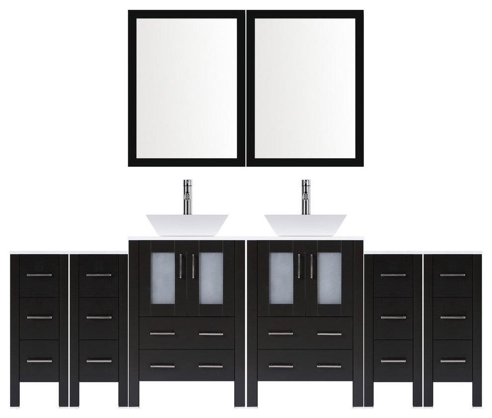 Modern Vanity Set With Two Sink Bases With Mirrors and Four Drawer Bases, Espres